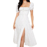 Yipinpay Women Slit Dress, Floral Printed Pattern Square Collar Short Sleeve Backless Long Dresses Summer