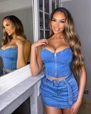 Yipinpay Blue Denim Two Pieces Skirts Sets Women Jeans Streetwear Low Cut Straps Bustier Crop Tops+Mini Bodycon Skirts Club Sets