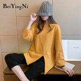 Yipinpay Loose Oversized T-shirt Female Long Sleeve Casual Vintage Split Tops Woman Spring Autumn BF Cotton Plain T Shirt Women