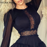 Yipinpay Women Long Sleeve Solid Stitching Lace Solid Color Long Sleeve Mini Dress  Casual Dress Elegant Dress