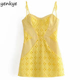 Yipinpay Women Yellow Lace Trim Spaghetti Strap Bodycon Mini Dress Romantic Lady Backless Sleeveless Party Club Sexy Dress