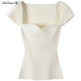 Yipinpay Slim Sexy Knitted Blouse Women White Basic Knitwear Top Female Summer Short Sleeve Cropped Black Top Streetwear 2023