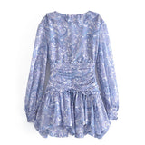 Yipinpay Summer £×omen Ruffle V Neck Long Sleeve Floral Print Boho Short Dress Ladies Vintage Fairy Robe Holiday Vestido