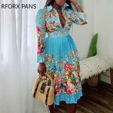 Yipinpay Women Chic Casual Long Sleeves All over Print Pleated Midi Sexy Dress