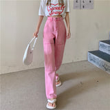 yipinpay Women's Jeans High Waist New 2023 Summer Pink Streetwear Korean Fashion Baggy Wide Leg Trouser Casual Mom Straight Denim Pants