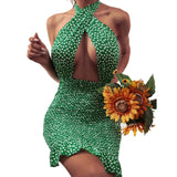 Yipinpay Women Close-fitting Backless Dress Sexy Floral Printed Pattern Halter Neck Hollow Out Short Dresses Summer 2023 Club Wear