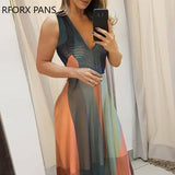 Yipinpay Women V-Neck Striped Colorblock Spaghetti Strap Maxi Dress  Summer Dress Elegant Dress