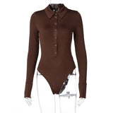 Yipinpay Mo Button Long Sleeve Bodysuit For Women Turndown Collar Skinny Body Suit Sexy Black Fashion Streetwear Female Bodysuits