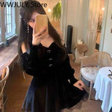 Yipinpay Black Velvet Dress Evening Party Long Sleeve Y2k Mini Dress Women Vintage Elegant One Piece Dress Korean 2023 Autumn