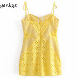 Yipinpay Women Yellow Lace Trim Spaghetti Strap Bodycon Mini Dress Romantic Lady Backless Sleeveless Party Club Sexy Dress