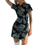 Yipinpay Summer Chinese-style Dragon Print Cheongsam Dress Women Slim Split One-piece Dress Vintage Clothes