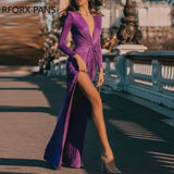 Yipinpay Women Solid Elegant Glamourous Long Sleeves Deep V Neck Criss-cross Maxi High Silt Bodycon Party Formal Dress