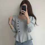 Yipinpay Femme Korean Chic Autumn Retro High Waist Puff Long Sleeve Square Collar Shirts Temperament Top Slim Blusas Camisas