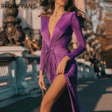 Yipinpay Women Solid Elegant Glamourous Long Sleeves Deep V Neck Criss-cross Maxi High Silt Bodycon Party Formal Dress