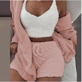 yipinpay Fluffy Three Piece Set Lounge Sexy 3 Piece Set Women Sweater knit Set Tank Top And Pants Casual Homewear Outfits Home Suit