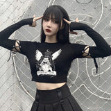 Yipinpay Punk Gothic Style Long Sleeve Slim Fit T-shirts Autumn graphic t shirts Women Witch Print Bodycon Tops y2k aesthetic
