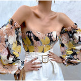 Yipinpay Chic Women Floral Off Shoulder Blouse Tops Sexy Frill Long Lantern Sleeve Strapless Corset Tops Fashion Slim Fit Tops