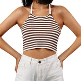 Yipinpay Striped Color Block Knitted Crochet Camisole Casual Women Halter Tied Up Crop Tops Summer Street Beach Backless Tops