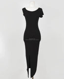 Yipinpay Chic Fashion Summer Slim Wrap Hip Black O Neck Short Sleeve Split Dress Women Cotton All-match Clothing Vestidos Mujer