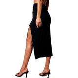 Yipinpay Women Casual Sexy High Split Skirt Summer 2023, Solid Color High Elastic Waist Long Skirt Club Wear