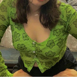 Yipinpay Floral Print Green T-shirt Y2K Aesthetics Mesh Buttons Flare Sleeve Crop Tops 90s Women Vintage Clothes Summer Tee