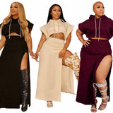Yipinpay Pieces Set Sexy Autumn Winter Fashion Women Set 2023 Female Hoodies Tops Short Sleeve Sweatshirts Elastic Waist Maxi Skirts
