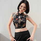 Yipinpay Chinese Qipao Style Sexy Women Cheongsam Halter embroidery Backless Goth Vest top bow knot tied Crop Top Tee