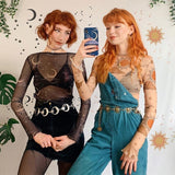 Yipinpay Women tshirt Sexy Women T Shirt See Through Transparent Mesh Tops Long Sleeve Sheer Slim Ladies Roundneck Sun moon T-Shirt Top