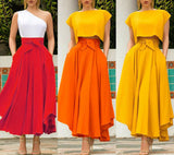 Yipinpay Women High Waist Flared Pleated Long Gypsy Bandage Solid color Fashion Lovely Maxi Skirt Full Length