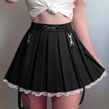 Yipinpay Women Lace Trim Pleated Skirts Preppy Style High-Waist Mini Skirts Flared A-Line Lady Spring Fall Pleated Short Skirt Solid