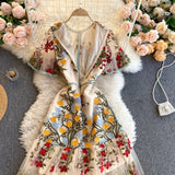 Yipinpay Retro Mesh Embroidery Dress Women Short Sleeve Ruffles A-line Dress Summer High Quality Elegant Chic Streetwear Dress