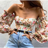 Yipinpay Chic Women Floral Off Shoulder Blouse Tops Sexy Frill Long Lantern Sleeve Strapless Corset Tops Fashion Slim Fit Tops