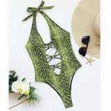 Yipinpay Sexy Women One Piece Swimsuit Female Halter Swimwear Cross Thong Snakeskin Bathing Suit High Waisted Monokini Beachwear