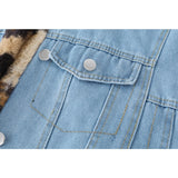 yipinpay Women's Lamb Wool Denim Jackets Winter Long Sleeves Streetwear Chic Design Leopard Print Fashion Casual Baggy Jean Jackets Coat