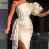 Yipinpay Women Solid One Shoulder Puff Sleeve Ruched Slit Dress Bodycon Dress Sexy Party Dress for Women Dress 2023
