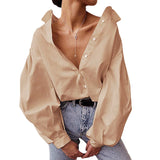 Yipinpay Women Solid Color Blouses, Lapel Neck Lantern Sleeve Buttons Shirts, Spring Fall Tops Daily Wear