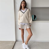 Yipinpay Autumn Winter Knit Korean Loose Pullover Sweatshirts Chic Tops White Long Sleeve V-neck Knitted Sweater Women's Sweaters