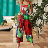 Yipinpay Women Casual Floral Print Strappy Dungarees Vintage Cotton Linen Loose Party Long Harem Overalls Rompers Jumpsuits