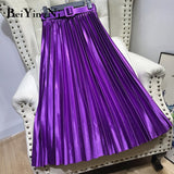Yipinpay Spring Summer Women's Midi Pleated Skirts Belt Satin Vintage Elastic High Waist Plain Skirt Lining Korean A-line Skirt