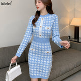 Yipinpay Button Knitted Dress Mini Sexy Bodycon Fall Vestidos Vintage Elegant Korean Long Sleeve Winter Short Blue Robe Femme