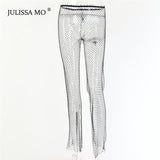 Yipinpay MO Crystal Diamond Wide Leg Pants Women Sexy Hollow Out Transparent Mesh Trousers Winter Fishnet Beach Party Pants 2023