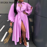 Yipinpay Women Solid Tape Hollow out Button Puff Sleeves Maxi Sexy Midriff Dress