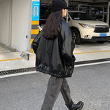 Yipinpay Black Leather Jacket Women Winter Long Women's Moto Biker Zipper Jacket Streetwear Harajuku Y2K Loose Women's Coat 2023