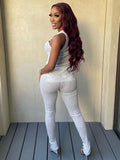 Yipinpay 2 Piece Knitted Perspective Pants Outfits Women Sleeveless T-Shirt And Long Pants Legging 2023 Spring Femme Casual Suit