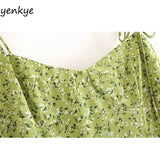 Yipinpay Dress 2024 Women Green Floral Print Sling Dress Sundress Female V Neck Sleeveless Hem Slits A-line Chiffon Dress vestido