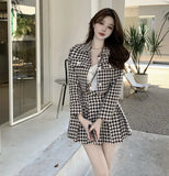 Yipinpay Temperament Matching Sets Retro O Tweed Plaid Jacket Short Long Sleeve Cardigan Slim Top Mini Houndstooth Pleated Skirt Chic