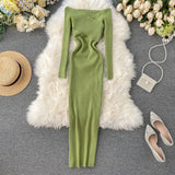 Yipinpay Slash Neck Knitted Dress Women Sexy Off Shoulder Cross Elastic Warm Dress Autumn Winter Fashion Sweater Bodycon Dress