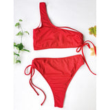 Yipinpay Women Swimsuit 2023 One Shoulder Swimwear Red Bikini High Waisted Bikini Set Beachwear Bathing Suit Swimming Suits Bikini