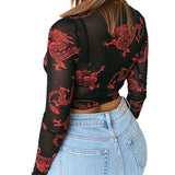 Yipinpay Women Sexy T-Shirt Fall Dragon Print Vintage Round Neck Long Sleeve See Through Long Sleeve Mesh Crop Tops Streetwear Club