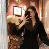 Yipinpay Vintage Dress Women Lace Velvet Black Elegant Party Dress Female Autumn 2023 High Waist Long Sleeve Midi Gothic Dress
